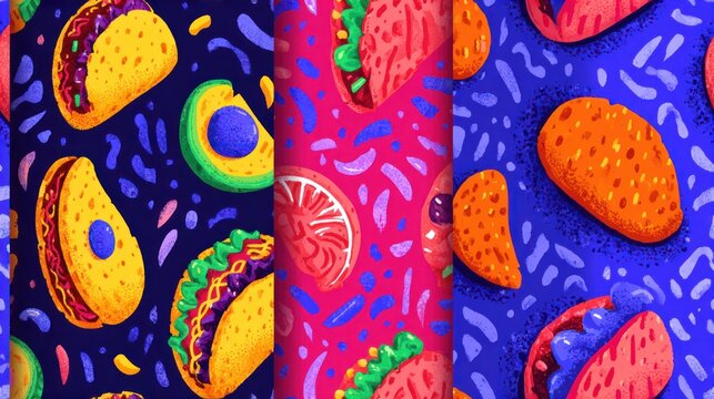 Vibrant illustrations of tacos and components in a colorful, repeating pattern