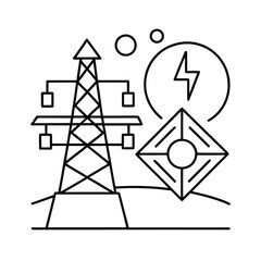 Outline drawing of power grid transition from coal to solar vector line art on white background.