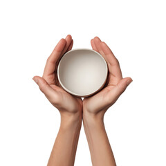 Two hands gently holding an empty white bowl