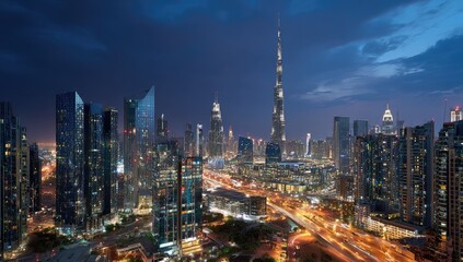Obraz premium City skyline at twilight, with illuminated modern skyscrapers and roads