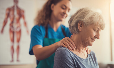 female physical therapist is assisting an senior woman with neck pain