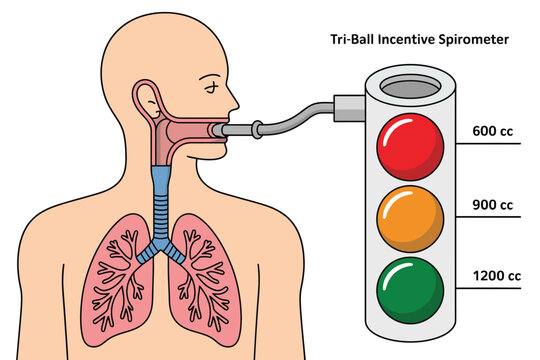 Tri ball incentive spirometer paired with human lungs graphic, showing effective breathing exercise equipment used in hospitals and clinics to enhance lung function and support patient recovery.

