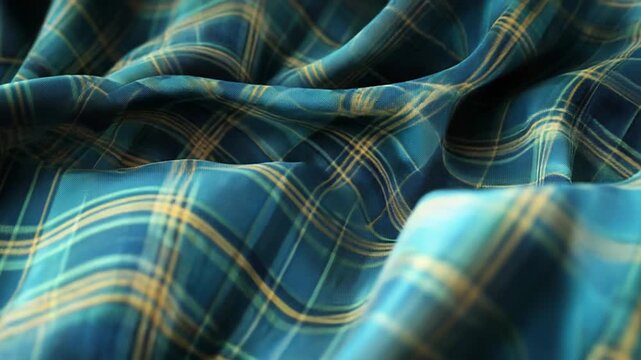 Checkered fabric flowing in teal and gold hues