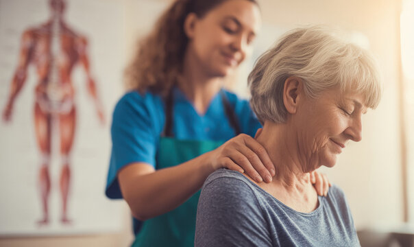 female physical therapist is assisting an senior woman with neck pain