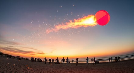 Silhouetted people on a beach watching a fireball streak across the sunset sky