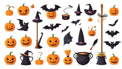 Halloween Pattern with Jack-o'-Lanterns, Cauldrons, Witch Hats, and Bats