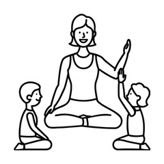 Single line drawing of yoga teacher guiding students pose vector line art on white background.