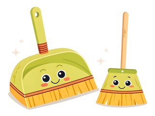 Cute cartoon dustpan and brush with happy faces for cleaning
