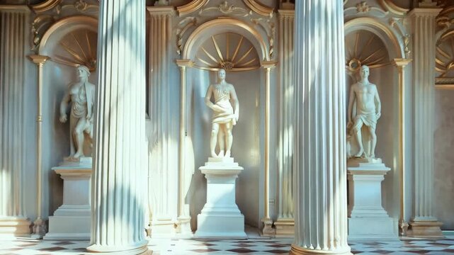 Stunning interior view of a classical hall featuring tall columns and elegant statues. The intricate details highlight architectural beauty and artistry.