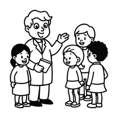 Vector line illustration of medical professional explaining results vector line art on white background.