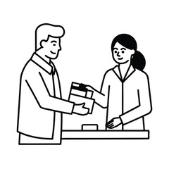 Vector line illustration of pharmacist handing prescription bag vector line art on white background.
