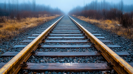 Fototapeta premium Railway tracks stretching into misty twilight landscape evoke sense of mystery and solitude