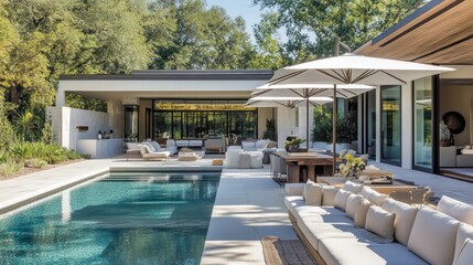 Fototapeta premium A modern poolside lounge with sleek sofas, a long dining table, and adjustable umbrellas for shade