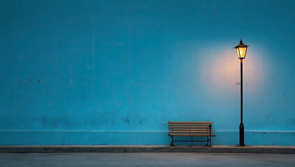 Tranquil scene of a light post and bench against a vibrant blue wall