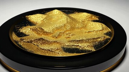 Close-up view of shimmering gold flakes arranged on a sleek black plate, highlighting luxury aesthetics - Powered by Adobe