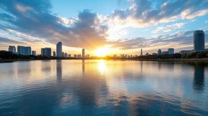 Naklejka premium Stunning sunset over city skyline reflecting on calm water, creating serene atmosphere