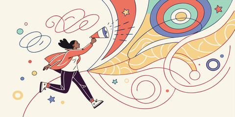 Woman with megaphone speaker announcement communication message voice shout out loud promotion marketing concept vector Illustration