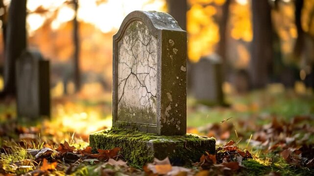 Aged tombstone, cracked and mossy, stands in an autumnal cemetery