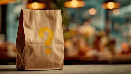 Brown paper bag with a yellow question mark