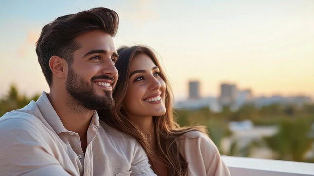 happy young indian couple sitting together at balcony