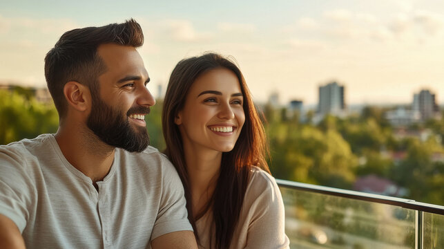 happy young indian couple sitting together at balcony