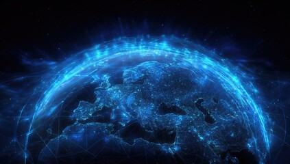 Abstract, glowing, digital globe of Europe, outlined by light trails