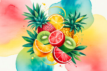 Tropical fruit arrangement watercolor pineapple kiwi