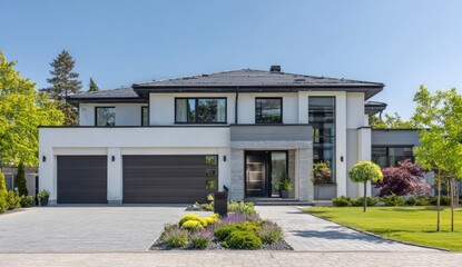 Fototapeta premium Modern, two-story home with dark gray garage doors, landscaped front yard