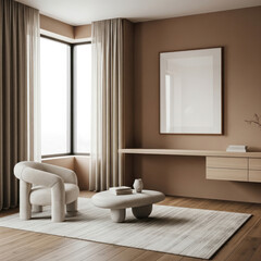 Mockup poster frame in modern minimalist living room with neutral tones, Scandinavian armchair, low coffee table, and wooden flooring