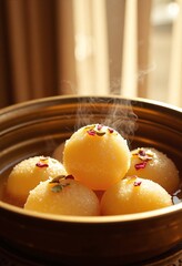 Golden-white, spongy rasgullas glistening with fragrant sugar syrup, their delicate, porous texture inviting a bite