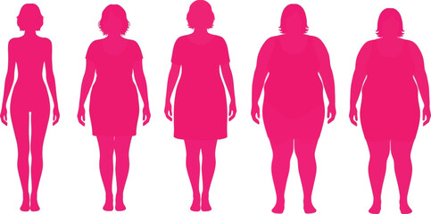 Vibrant pink female body silhouettes show weight gain progression in clear visual stages