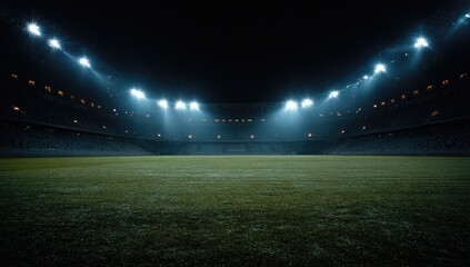 Empty stadium at night, floodlights illuminate a grassy field