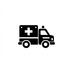 Fototapeta premium Simple black icon of an ambulance vehicle. A stylized, solid black ambulance van with a large white plus sign on the side. Basic, flat design