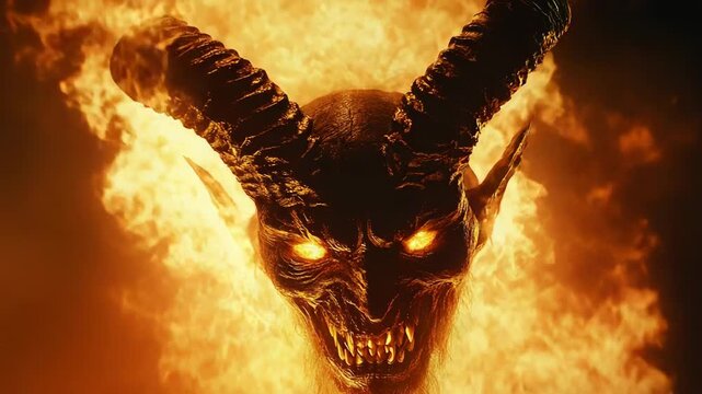 Devil face burning in hellfire with glowing eyes and large horns