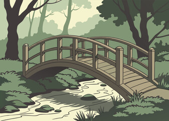 Fototapeta premium Rustic Forest Bridge Crossing Over Gentle Stream Amid Lush Trees