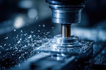 Close-up of a metalworking machine in action.  Splashes of metal fly outward
