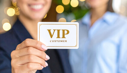 growth with customer loyalty program. A smiling woman holds a VIP customer card, showcasing exclusivity amidst a blurred background of soft bokeh lights.