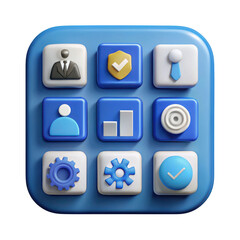 Blue application interface with icons isolated on transparent background