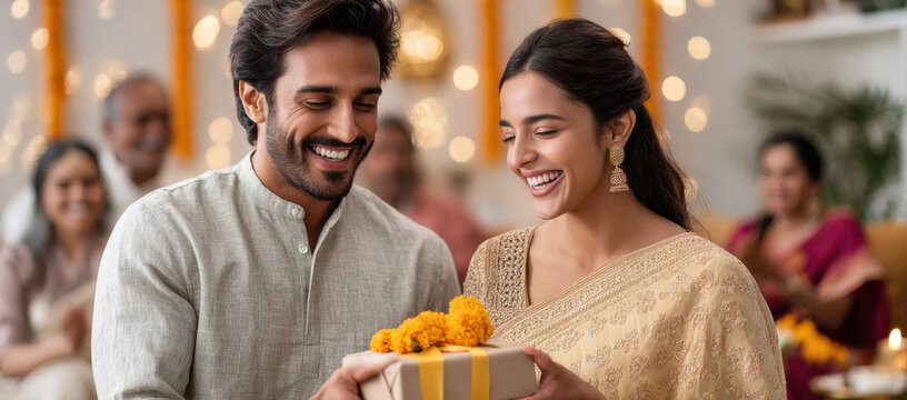 happy indian couple holding gift box together on diwali festival