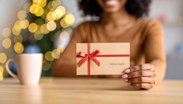 growth with customer loyalty program. A woman holds a gift voucher with a ribbon, sitting at a table next to a coffee cup, with blurred lights in the background.