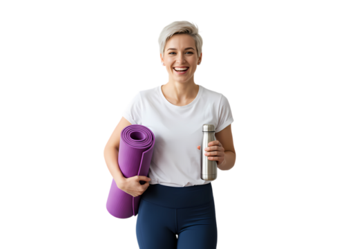 Smiling Woman Carrying Yoga Mat and Water Bottle: Fitness, Wellness, Healthy Lifestyle