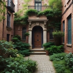 Fototapeta premium Elegant Courtyard Entrance with Lush Greenery and Architectural Details