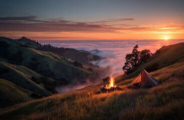 Sunset campfire, mountain valley, clouds