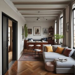 Fototapeta premium Bright, Modern Living Room Interior with Comfortable Seating and Artistic Decor