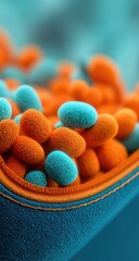Close-up view of microscopic, vibrant orange and teal-colored organic structures clustered within a dark-blue membrane