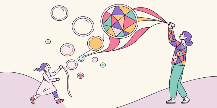 Illustration of mother and daughter blowing bubbles colorful geometric design playful scene family activity fun 100 vector Illustration