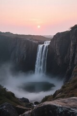 Fototapeta premium Sunrise Waterfall into Misty Canyon