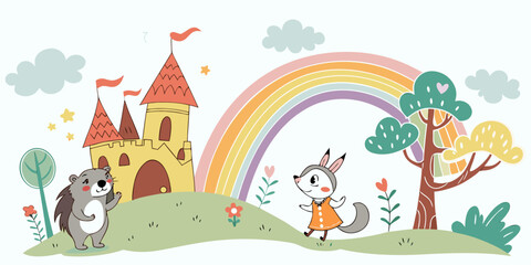 Cute cartoon castle rainbow illustration with hedgehog and fox for children storybook and fairytale design vector Illustration