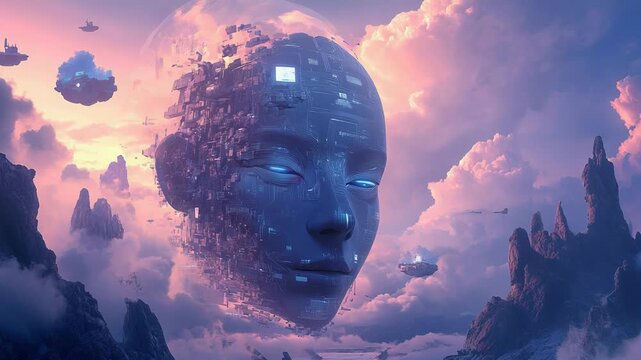 Giant artificial intelligence face floating in cloudy sky with spaceships