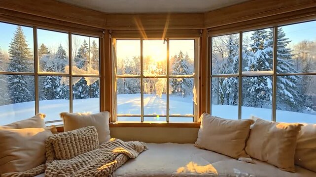 Cozy winter scene featuring a sunlit bay window with snow-covered trees in the background